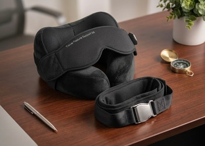 Travel Neck Pillow with Strap & Blackout Eye Mask, 3-Piece Set